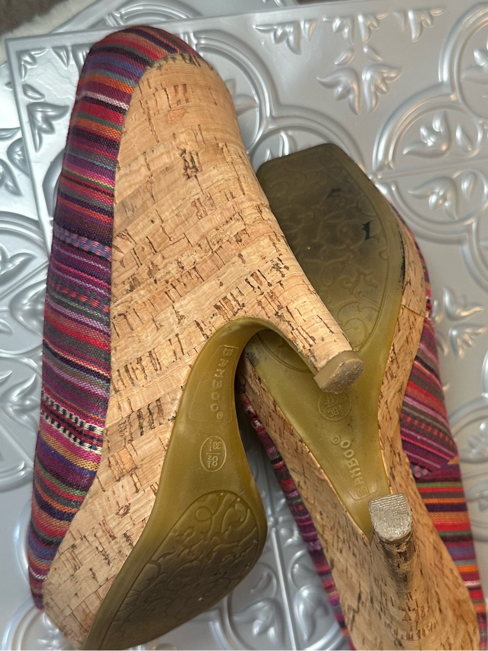 Bamboo Multicolor Striped Cork Platform Peep Toe Heels Size 8.5 Boho Pumps - Picture 11 of 13